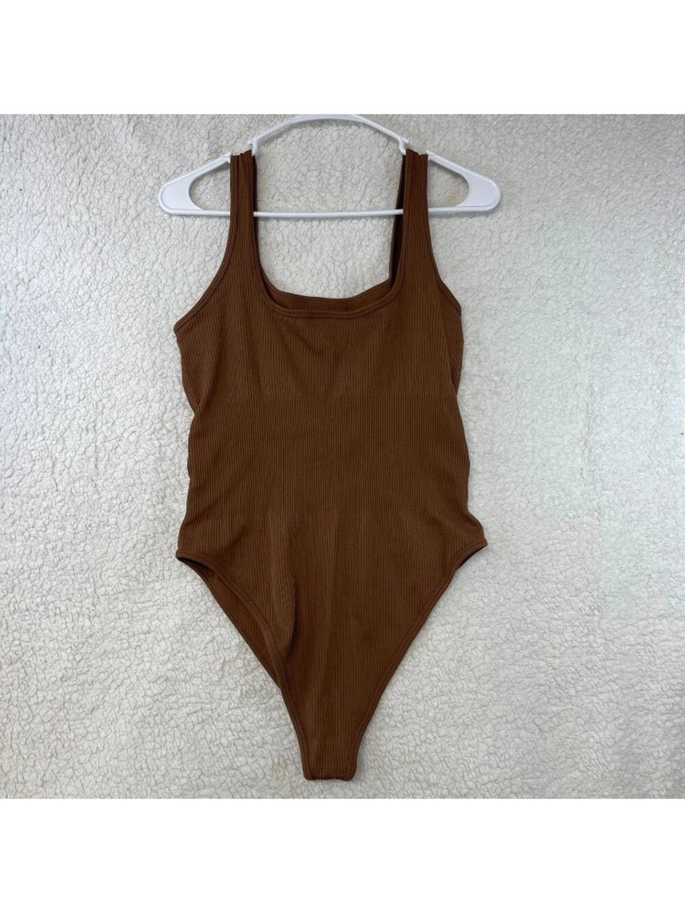 OQQ Ribbed Seamless Sleeveless Bodysuit Brown Size Large Scoop Neck